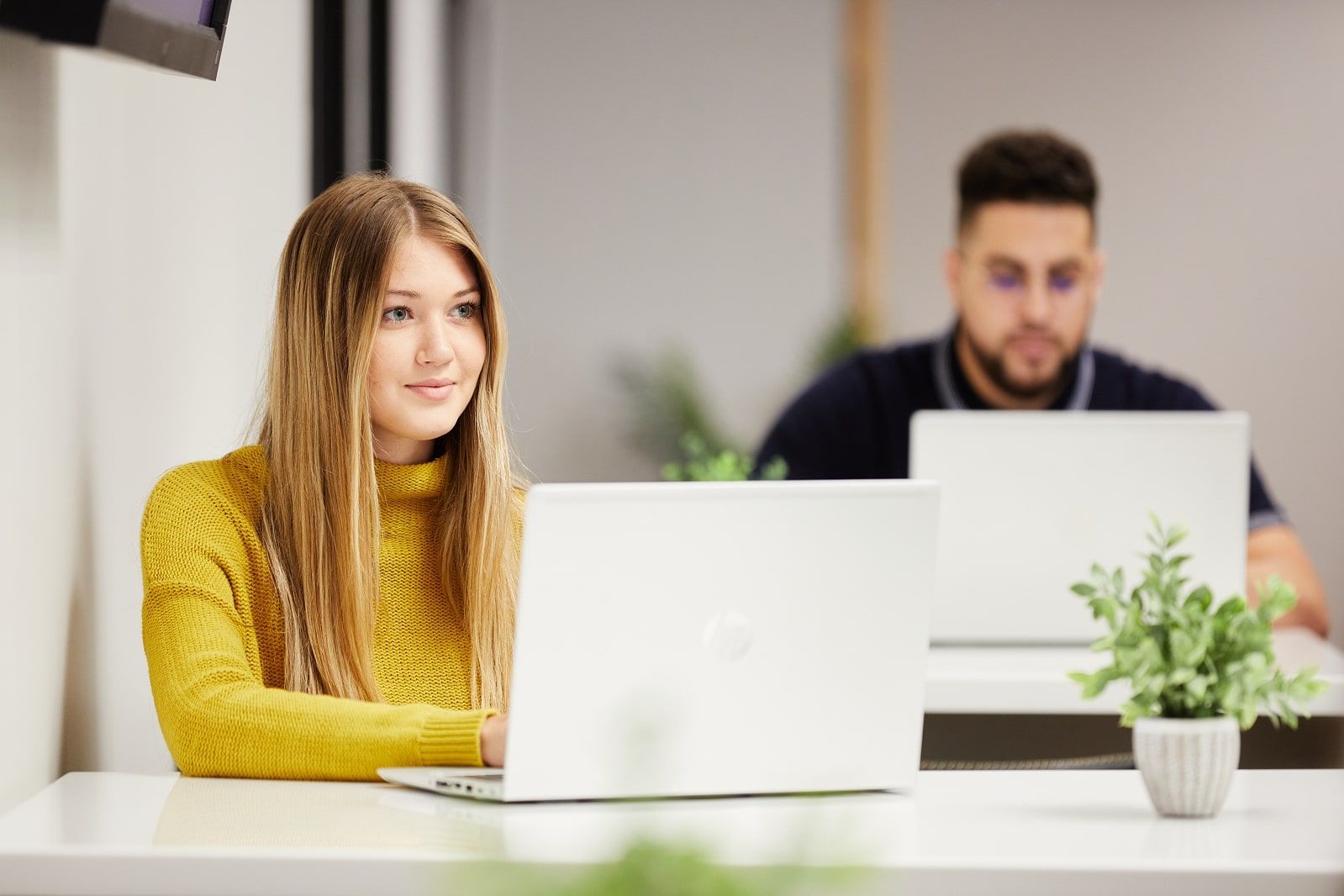 A man and a woman each on a laptop using the included wifi